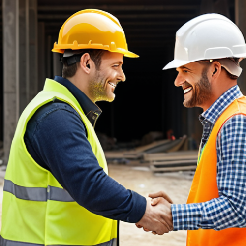 Home 11 A construction safety engineer shaking hands with a colleague on a busy construction site, both smiling, wearing hard hats and safety vests.