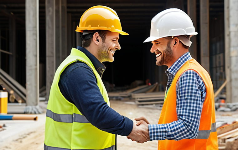 A construction safety engineer shaking hands with a colleague on a busy construction site, both smiling, wearing hard hats and safety vests.