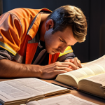 **

A construction worker studying diligently for the Construction Safety Engineer exam. Open books on a desk filled with notes and highlighting, illuminated by a desk lamp. A blueprint for a building project lies nearby. The scene embodies intense study and preparation.

**