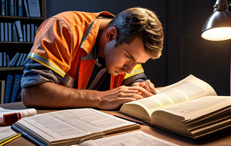 **
A construction worker studying diligently for the Construction Safety Engineer exam. Open books on a desk filled with notes and highlighting, illuminated by a desk lamp. A blueprint for a building project lies nearby. The scene embodies intense study and preparation.
**