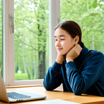 A young adult student, fully clothed in modest, comfortable attire, gently stretching their neck and shoulders while sitting at a clean wooden desk. Books and a laptop are neatly arranged on the desk. The setting is a bright, calm study room with a large window showing a glimpse of green trees. The student has a focused yet relaxed expression. Professional photography, perfect anatomy, correct proportions, natural pose, well-formed hands, proper finger count, natural body proportions, safe for work, appropriate content, fully clothed, family-friendly.