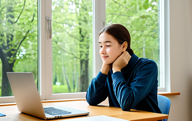 A young adult student, fully clothed in modest, comfortable attire, gently stretching their neck and shoulders while sitting at a clean wooden desk. Books and a laptop are neatly arranged on the desk. The setting is a bright, calm study room with a large window showing a glimpse of green trees. The student has a focused yet relaxed expression. Professional photography, perfect anatomy, correct proportions, natural pose, well-formed hands, proper finger count, natural body proportions, safe for work, appropriate content, fully clothed, family-friendly.