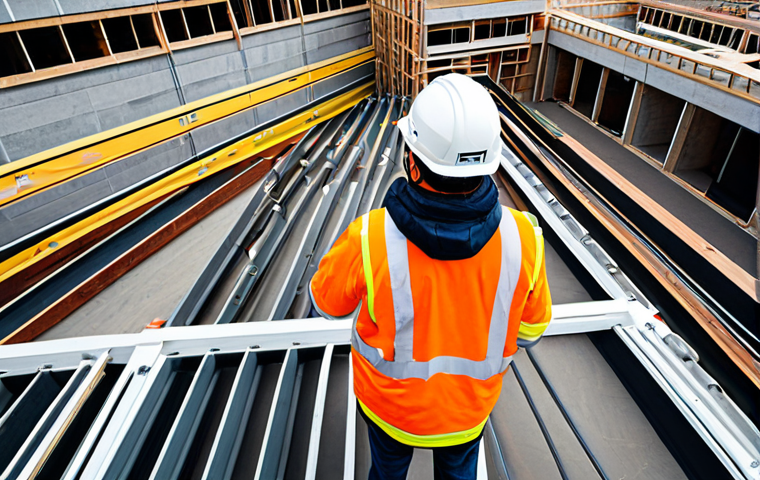 A diverse group of construction workers, fully clothed in professional safety gear including hard hats and high-visibility vests, on a bustling, modern construction site. Drones are visible scanning the site from above, and subtle IoT sensors are integrated into various equipment and structures. A worker wears a smart helmet with a discreet digital display visible, reflecting advanced safety technology. The scene emphasizes real-time monitoring and proactive prevention. Perfect anatomy, correct proportions, natural pose, well-formed hands, proper finger count, natural body proportions, appropriate attire, modest clothing, safe for work, appropriate content, professional, high-quality photograph.